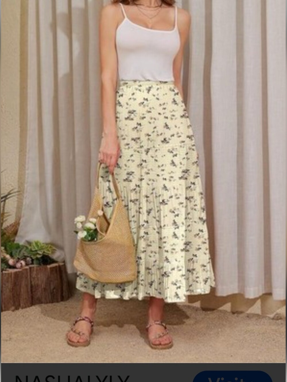 Nashalyly Floral Maxi A-line Skirt Boho Pleated Hem Tiered Elastic Waist - M